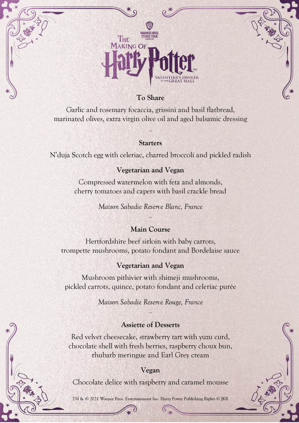 San Valentino menu Londra Harry Potter